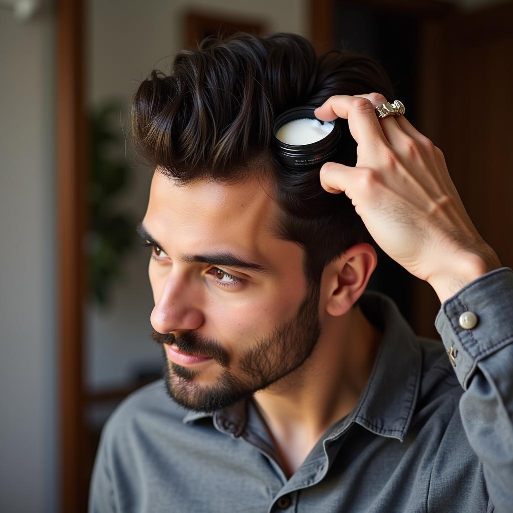 Man styling hair with authentic wax