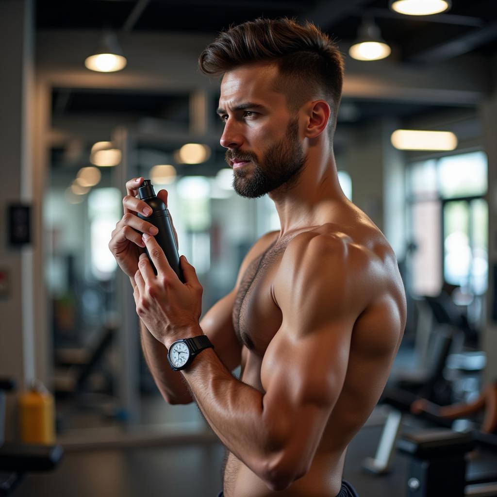 Người đàn ông xịt khử mùi trước khi tập gym