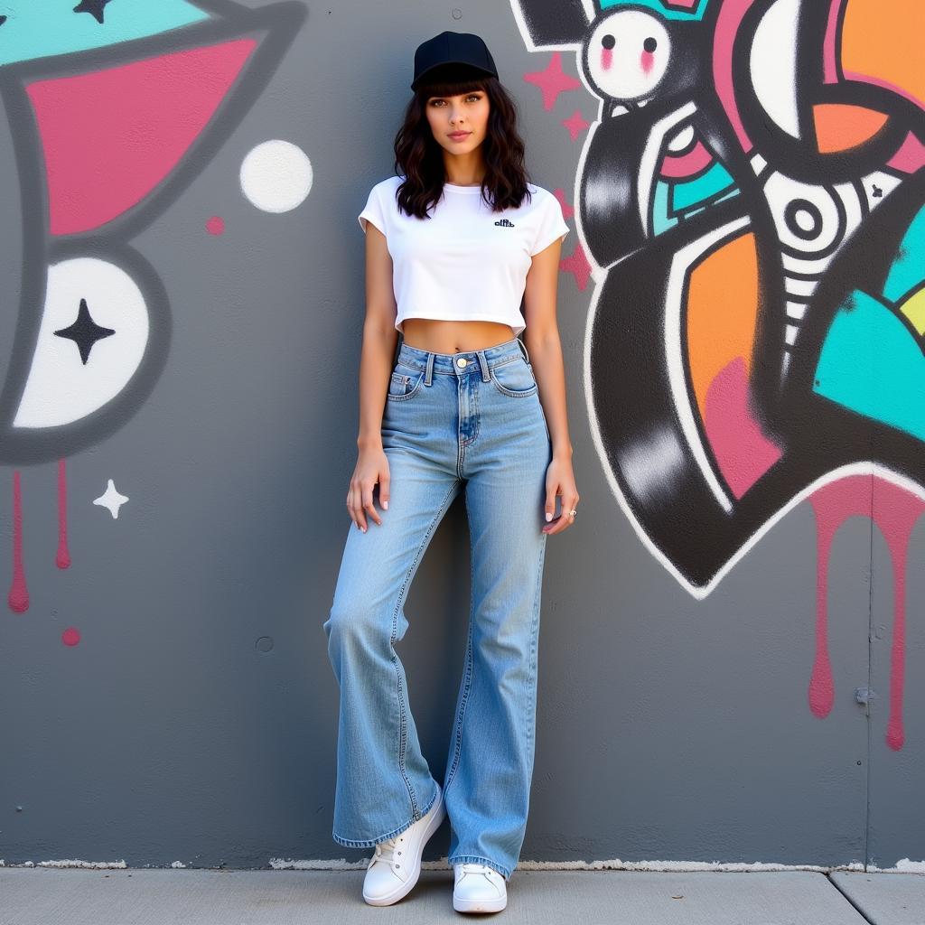 Tóc mái bằng với áo croptop và quần jeans