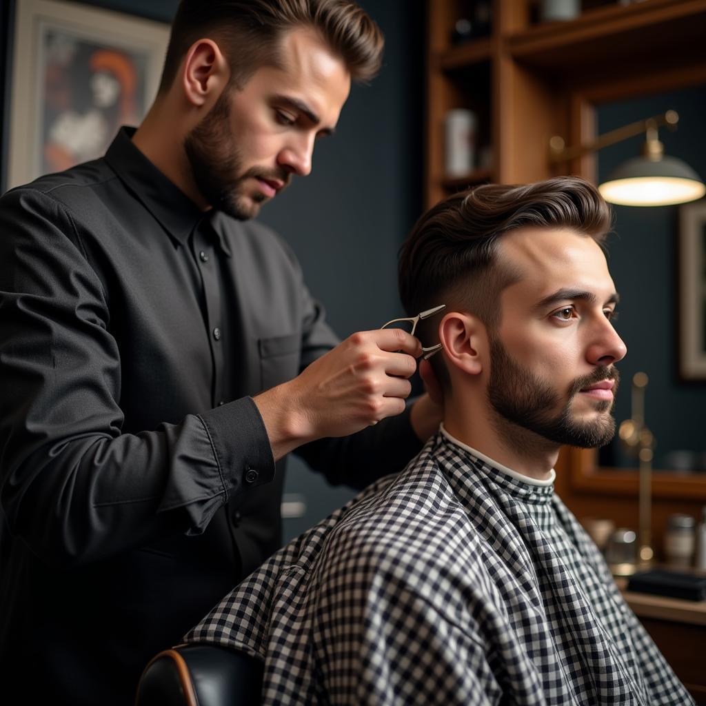 Barber tay nghề cao đang cắt tóc cho khách hàng