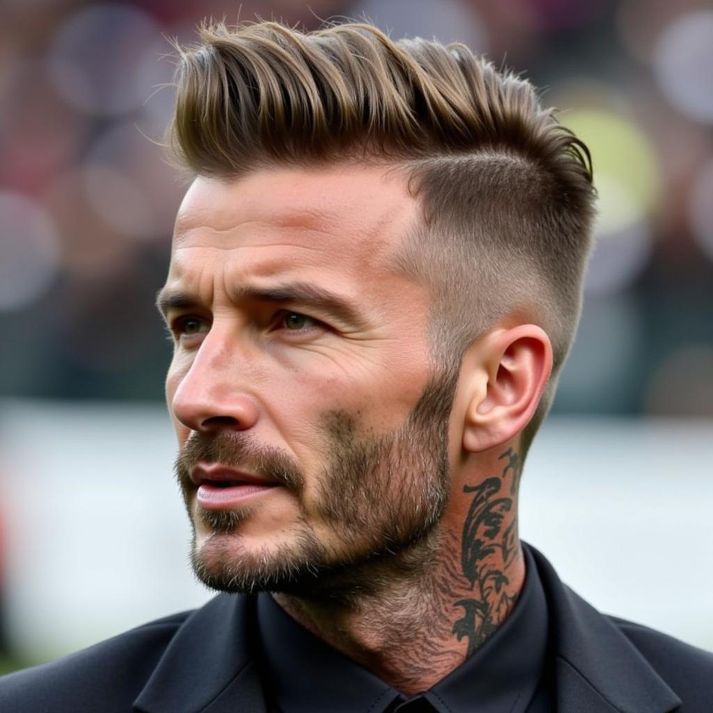 Kiểu tóc Undercut hiện đại của Beckham với phần tóc hai bên được cạo sát và phần tóc trên đỉnh được vuốt gọn gàng.